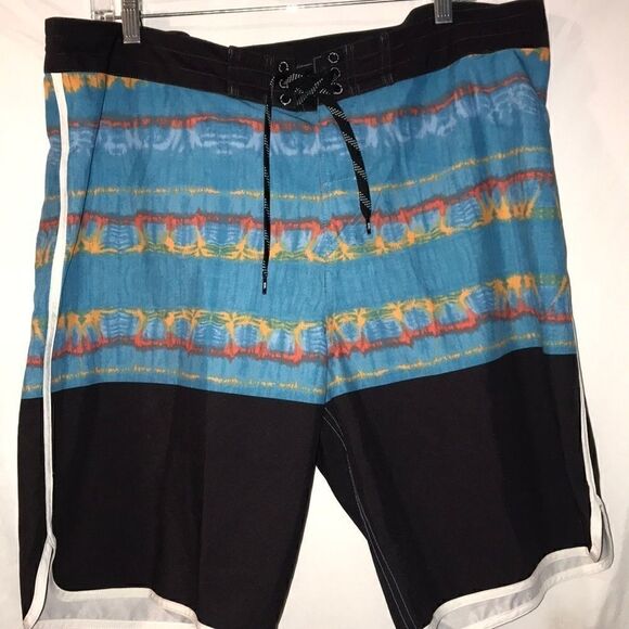 Quicksilver Men's Black, Blue Embroidered Logo Drawstring Board Shorts Size 36 - Picture 1 of 7